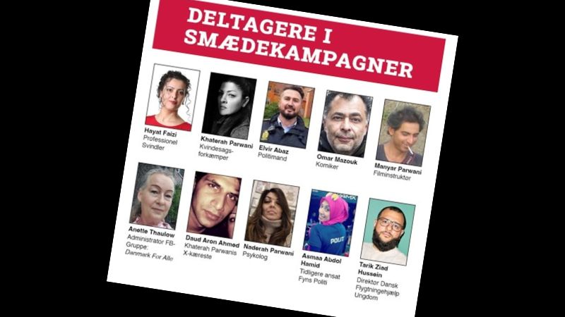 ”Netværket - en uhellig alliance. De har også en del hangarounds.” Khader har, oplyser han, lånt fotoet af en person, som netværket har været efter i mange år. Man noterer sig, at der figurerer hele tre medlemmer fra Parwani-familien.